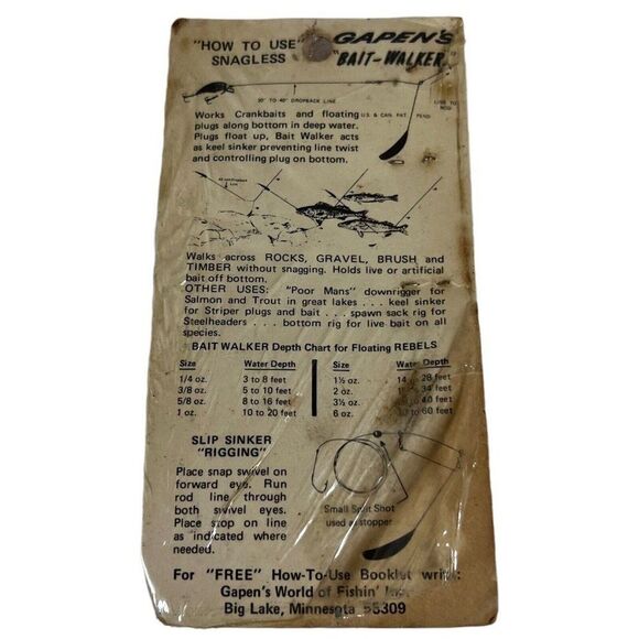 Vintage " NOS " Gapens World Of Fishin Bait Walker Lure Poor Man Down Rigger - Picture 3 of 5